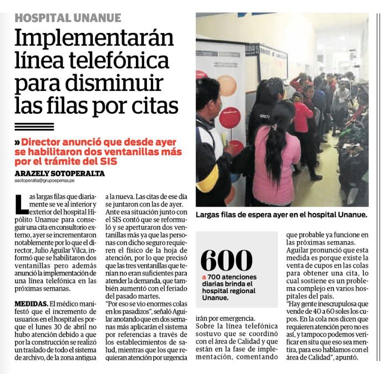 HospitalTacna's tweet photo. Información publicada por el @diariocorreo sobre el anuncio del próximo sistema de citas del @HospitalTacna . https://t.co/4RMDaoRKob
