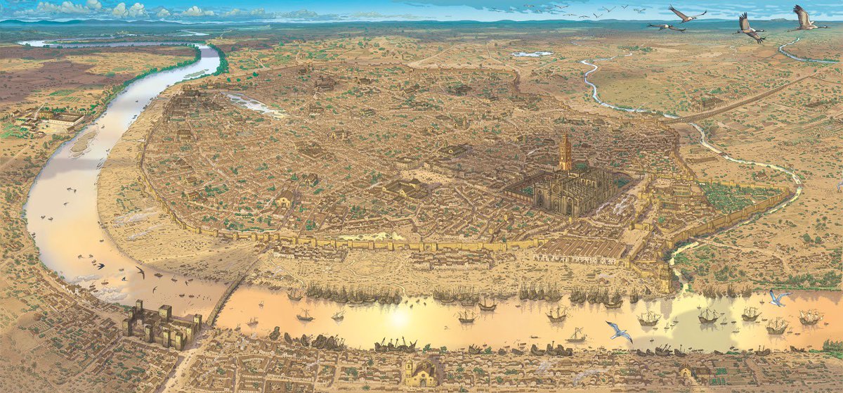 Espectacular recreación científica realizada por el artista Arturo Redondo de cómo era Sevilla, en aquel momento convertida en la "Puerta y Puerto de América", en 1519.