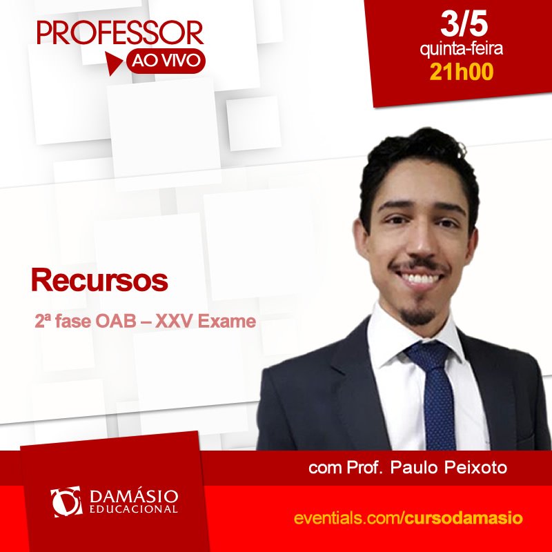 damasioaracatub's tweet photo. HOJE, às 21h00, tem #ProfessorAoVivo com Prof. @prof_phpeixoto sobre Recursos para #OAB2aFase #XXVExame. Somente para alunos Damásio.
Inscreva-se 👉 https://t.co/TLI7eH7lwb 
#damasioaraçatuba #eventials #oab https://t.co/7y6wtzlnAF