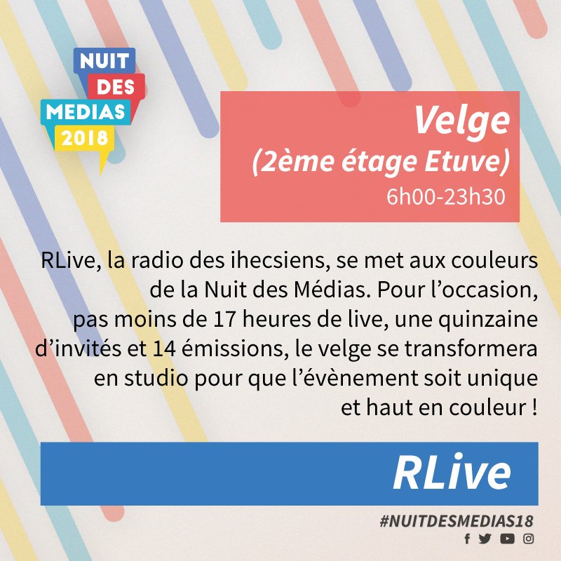 Nuitdesmedias's tweet photo. RLive, une des activités phares de la Nuit des Médias, vous promet des invités d'exception ! Première exclu: François De Brigode sera au Velge à 21h40. And many more names to come... #nuitdesmedias18 #ceics #ihecs #rlive #staytuned https://t.co/hy2o6e2vGJ