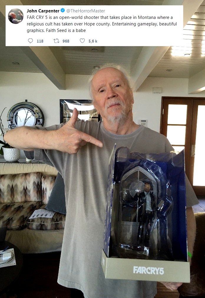FarCrygame's tweet photo. Big Trouble in … Hope County? John Carpenter @TheHorrorMaster has been wreaking chaos in the world of #FarCry5! https://t.co/KTnr98CClr