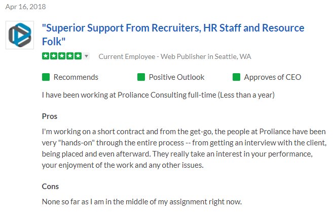 Proliance's tweet photo. I.T. professionals, have you seen what our employees are saying about us online? Get in touch with one of our recruiters today at (425) 990-4320 to see how we can help you find your next gig.  Our #Glassdoor: https://t.co/ZH4lkWyMAO https://t.co/Gr3tukNcgI