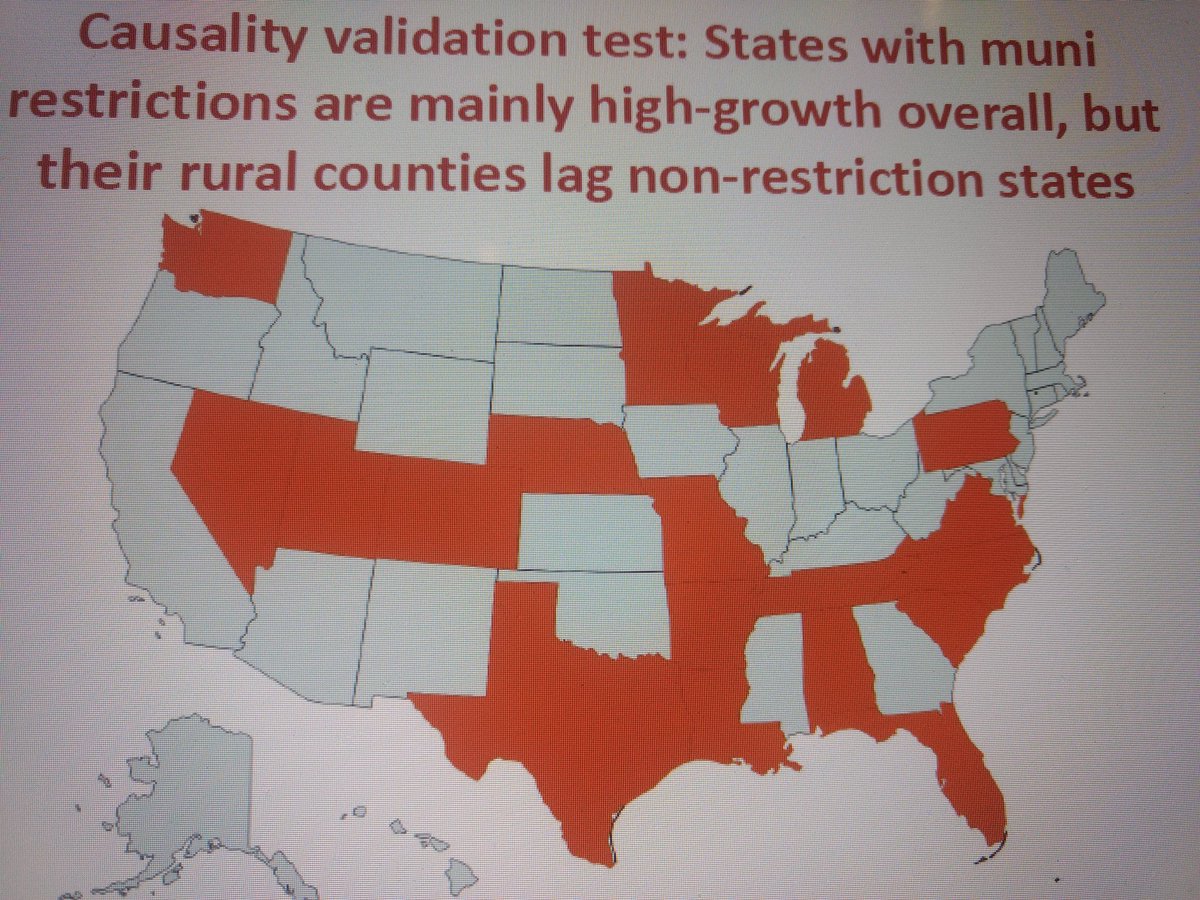AnnT's tweet image. "States with Muni restrictions are mainly high-growth overall, but their rural counties lag non-restriction states" #SteveRoss @bbcmag #bbcsum18