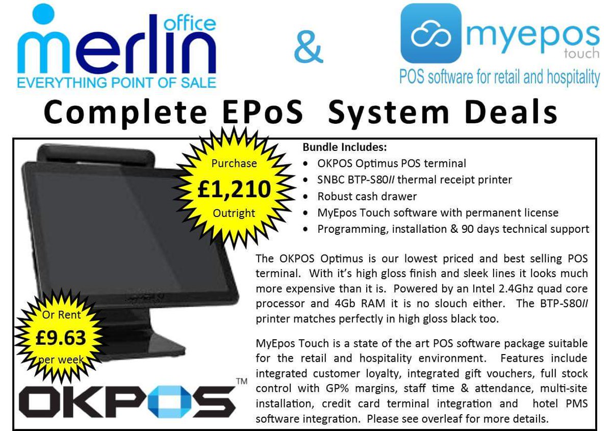 MerlinOfficeLtd's tweet photo. Looking for a new EPoS System? Fully programmed and installed bundles including rhe excellent @myepos_com software from just £1,120 + vat. https://t.co/ojUNayRE5B