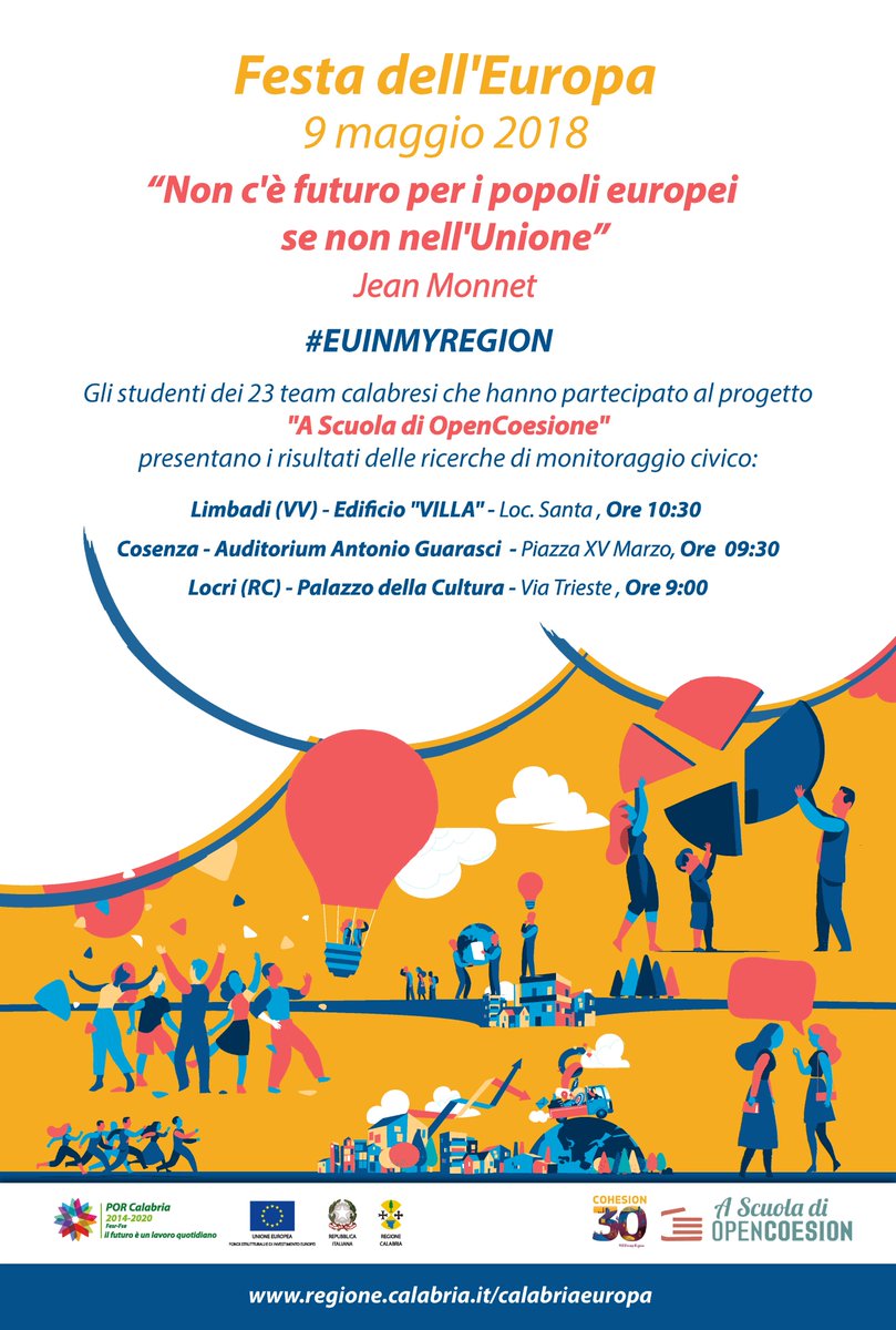 PorCalabria's tweet photo. Il #9maggio nella giornata di celebrazione della pace e dell'unità in Europa si terranno, a Locri, Limbadi e Cosenza, gli eventi finali del percorso @ascuoladioc  #EuInMyRegion #ASOC1718  #FestadellEuropa
https://t.co/03oFIXhmQL https://t.co/ZtaIHVgAG4