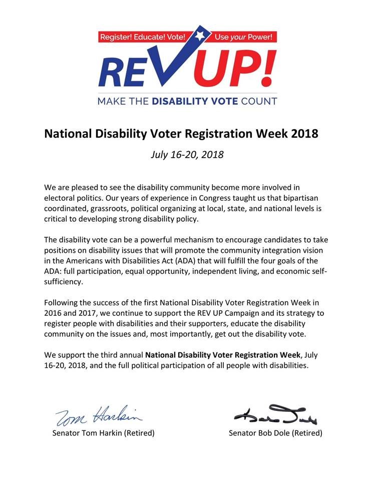 Senators Bob Dole and Tom Harkin express their support for the 3rd annual National Disability Voter Registration Week! #REVUP #DisabilityVote18 #Register #Educate #Vote ♿️🇺🇸 Learn how you can get involved at aapd.com/NDVRW 
Accessible PDF: bit.ly/2KAeXFG