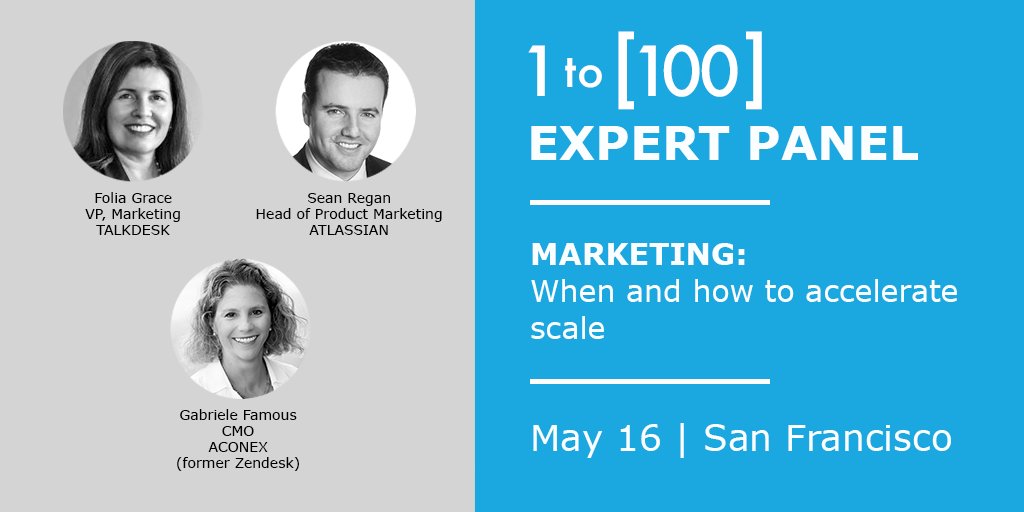On 5/16 at #NextWorld1to100 Conference, <a href="/FoliaGrace/">FoliaGrace</a> (VP Marketing <a href="/Talkdesk/">Talkdesk</a>), <a href="/sffamous/">Gabriele Famous</a> (CMO <a href="/Aconex/">Aconex</a>) &amp; <a href="/seanjregan/">Sean Regan</a> (Head of Product <a href="/Atlassian/">Atlassian</a>) will discuss #EnterpriseTech marketing: When &amp; how to accelerate scale. Full speaker lineup &amp; registration: buff.ly/2qSSafJ