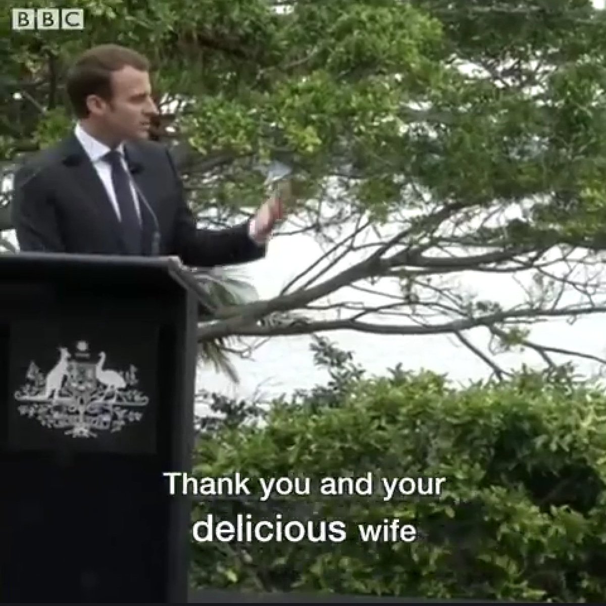 ในภาษาฝรั่งเศส delicieux ถ้าขยายคนมันจะแปลว่า "น่ารัก"(lovely)​

แต่ตอนพูดภาษาอังกฤษกับนายกออสเตรเลีย มาครงดันไม่เปลี่ยนคำว่า delicieux เป็น lovely เลยพูดออกมาว่า

Thank you and your "delicious" wife (ขอบคุณท่านนายกและภริยาที่ "อร่อย" ของท่านด้วย)

ดีที่นายกออสไม่ต่อยหน้าเข้า...