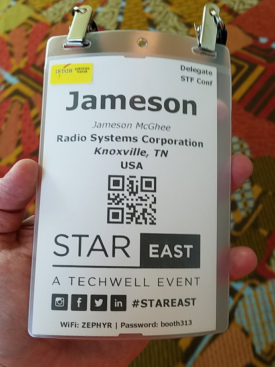 JamesonRMcGhee's tweet photo. I Passed The #ISTQB Exam! I am officially ceritifiable! 😂
Thank you so much @STAREAST and @SQETraining!
#ASTQB #Certified #stareast #stareast2018 https://t.co/fAKtKqbr0n