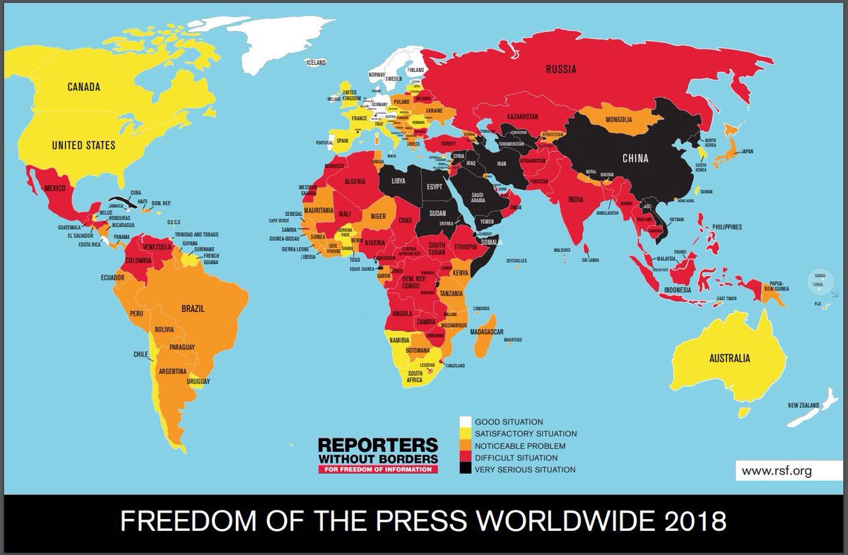 xruiztru's tweet image. ✍🏼 Today is #WorldPressFreedomDay , and things don't look too bright on that map. 

A free press is a cornerstone of democracy, and is threatened not only by authoritarian governments, but also by ownership concentration. 
Source: rsf.org/en