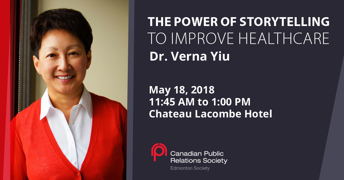CPRSEdmonton's tweet photo. Come join us on Friday, May 18th @ChateauLacombe for the CPRS AGM & PD Luncheon - The Power of Storytelling to Improve Healthcare, with Dr. Verna Yiu, @dryiu_verna AHS President & CEO. Tickets are still available https://t.co/VrXMO2Mvzs #yegPR #PREvents #PDEvents https://t.co/NtTEUYYKoe