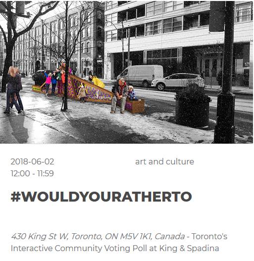 100in1dayTO's tweet photo. We are so delighted that our friends at Urban Minds will be hosting a #100in1DayTO Urban Action called #WouldYouRatherTO!

WouldYouRatherTO is a physical-digital interactive art experience that brings people together through friendly banter.

https://t.co/1qfld6b2j1

#100in1Day https://t.co/qYPNtzQuBk
