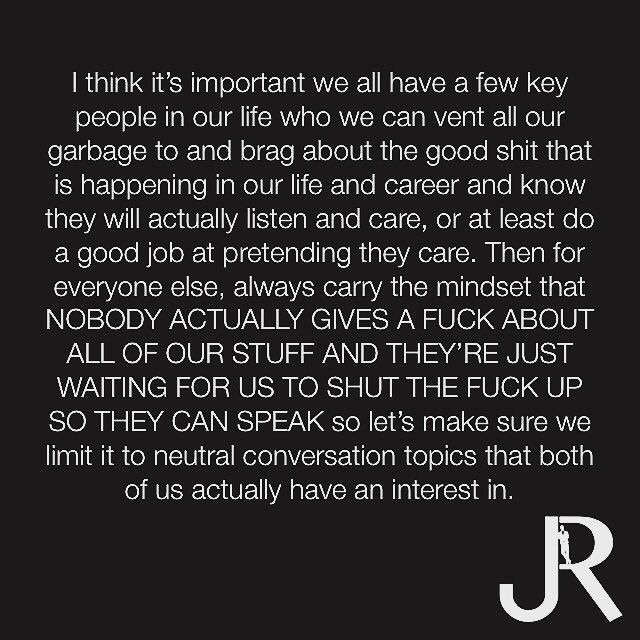 jamienrea's tweet photo. I think it's important we all have a few key people in our life who we can vent all our garbage to and brag about the good shit that is happening in our life and career and know they will actually listen and care, or at least do a good job at pretending they care.... https://t.co/3N3XC6uxVB
