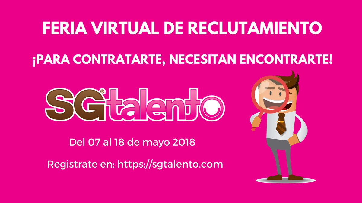 Te invitamos a participar en la próxima Feria virtual de Reclutamiento en TI #FeriaReclutamientoTI del 7 al 18 de mayo. ¡Actualiza tu perfil y sube tu CV en sgtalento.com! ow.ly/RRGk30jOSoN