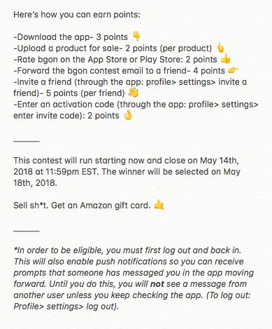 bgonapp's tweet photo. Launch Contest! 🔥

Since we just launched and exams are coming to an end, we are doing a contest to get people to put some sh*t for sale. 

The contest is points based- the person with the most points gets a $200 gift card to Amazon 💰. https://t.co/WWisuyB8DF