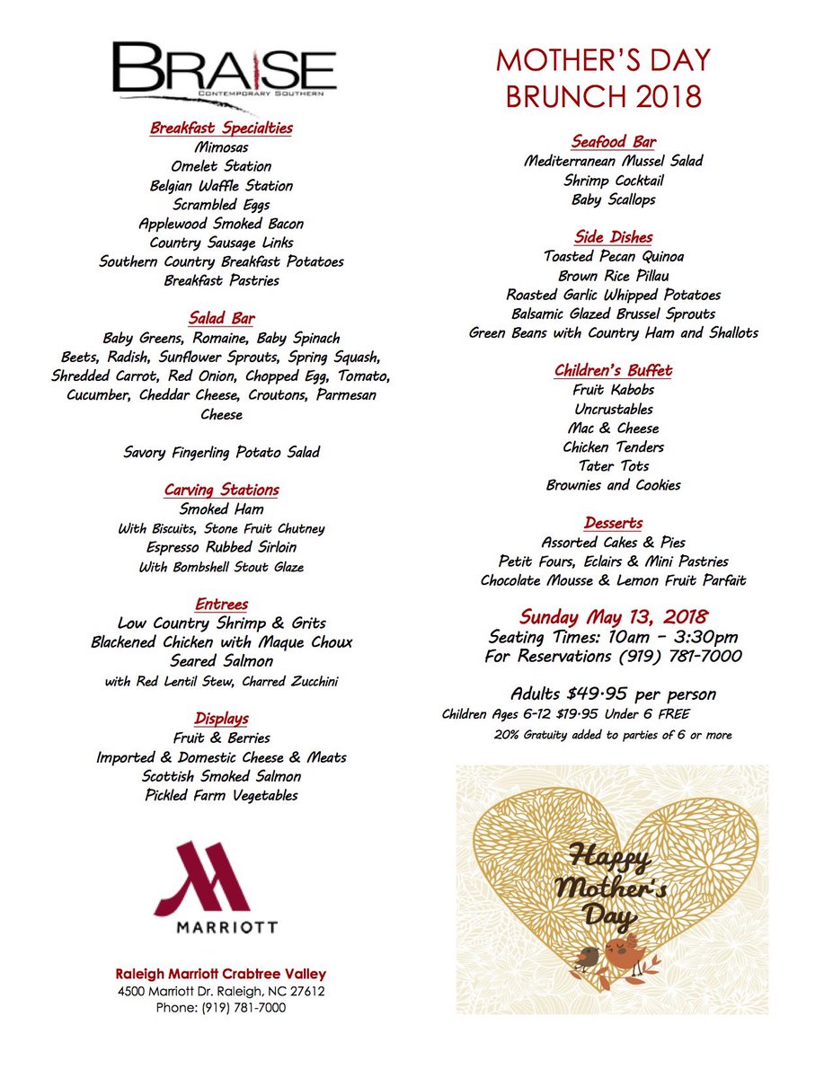 marriottraleigh's tweet photo. Treat #Mom to our delicious #MothersDayBrunch, Sunday, May 13th at #BRAISE Contemporary Southern. We offer convenient all day seatings from 10am - 3:30pm. We look forward to celebrating the day with you! 🌸 #MothersDay2018 #BrunchInRaleigh https://t.co/7PeOK8QCbO https://t.co/Ng0Xofyk8k