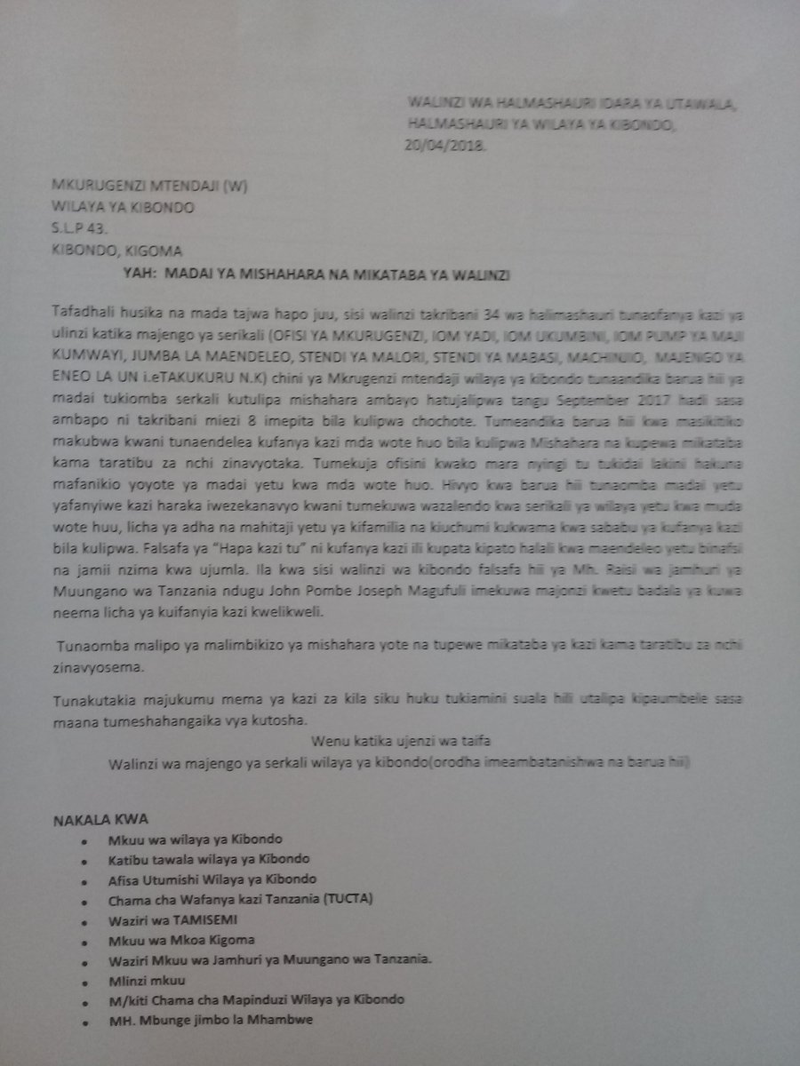 JaylosK's tweet photo. Sisi walinzi H/w) Kibondo,idara ya utawala,tumeandika barua hii kuomba msaada kwa viongozi wa juu.Kwani ni miezi(8) tumenyimwa mikataba na tumenyimwa malipo,tunaendelea na kazi.tumetuma barua hizi kwa njia ya posta.Tunaomba msaada wenu. @TZMsemajiMkuu @majaliwa_kassim @TAMISEMI3 https://t.co/GeT81qTI5a