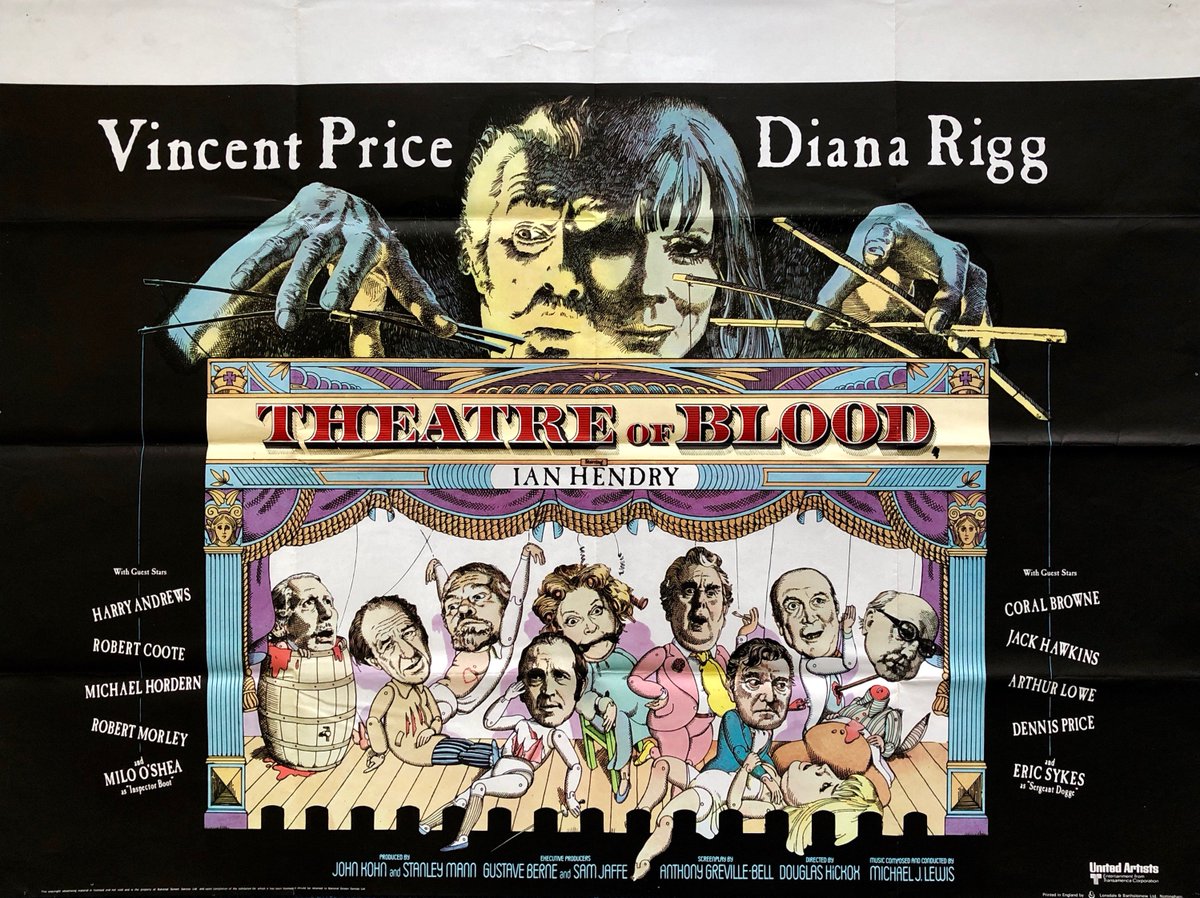 vinmovieposters's tweet photo. Vincent Price has reserved a seat for you in THE THEATRE OF BLOOD #horror #filmposter #moviememorabilia #vincentprice #theatreofblood #dianarigg #ianhendry #1970s #vicfair #horrorart #gruesome #macabre #tongueincheek https://t.co/kIhUTUJeKn https://t.co/6raS6WNUAk