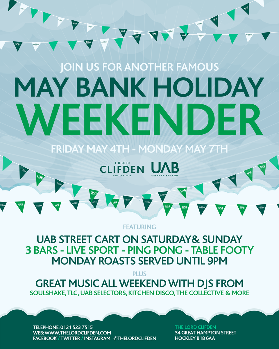 TheClifden's tweet photo. Counting down ...
UAB Weekend Social part 2 
ft 
Street Food from our UAB stall (Sat &amp; Sun)
Djs (Fri to Sun)
@LooseJointsBham 
@kitchendisco
TLC w/ @djdeansmith 
UAB Selectors w/ @DJ_Sean_T 
Live sport inc @premierleague / @mrdavidhaye v @TonyBellew 
3 bars 
Monday Roast https://t.co/V2ypFX6OlV