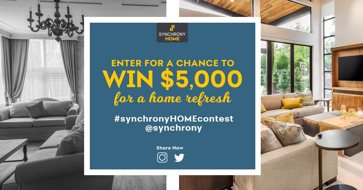synchrony's tweet image. Spring into Spring! When you share a photo of a room in need of a spring refresh on Twitter, you will be entered for a chance to win $5,000 for your HOME. Don't forget to tag @synchrony and use the hashtag #synchronyHOMEcontest 

See Official Rules: bit.ly/2Jum80u