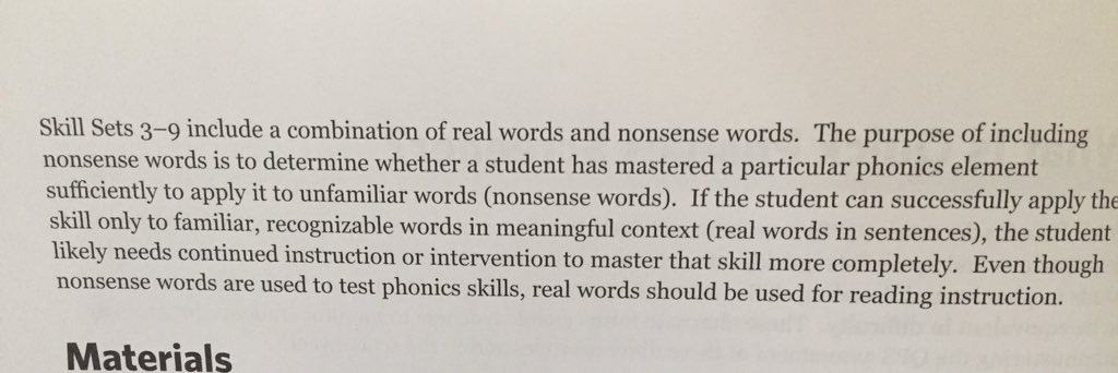 aleciarrb's tweet photo. I like this blurb from the Quick Phonics Screener by @janhasbrouck explaining the purpose for assessing nonsense words. And importantly,  “even though nonsense words are used to test phonics skills, real words should be used for reading instruction.” #mtss https://t.co/67IjleFRQX