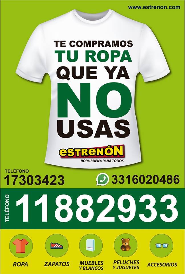 En #estrenón compramos la ropa que tu y tu familia ya no usan, para acercarlas a familias que de verdad lo necesitan.
Agenda tu cita por teléfono, inbox, whatsapp o mensaje de texto :) <a href="/TeloVendoGDL/">Te lo Vendo GDL</a> <a href="/BazarBarato/">Bazar GDL</a> @GDLFollow <a href="/VivirGDL/">Vivir Guadalajara (Usa el 😷 en lugares cerrados)</a>
