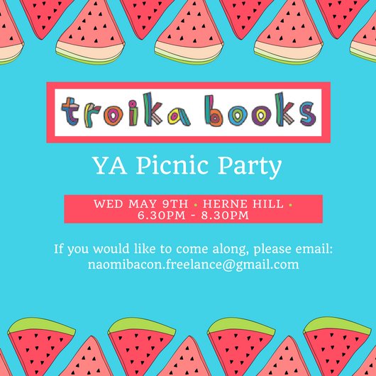 We have 4 spaces left for the @TroikaBooks Picnic Party on Wed 9th. The forecast is for SUNSHINE 🌞so if you're a blogger/YouTuber/bookworm who loves YA 📚then please email me. We'd love for you join us🍹🍉