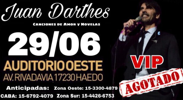 💥JUAN DARTHES💥✨ Presenta #CancionesDeAmoryNovelas ! El 29/06  <a href="/AuditorioOeste/">Auditorio Oeste</a> 

Apúrate a conseguir tu entrada anticipada!! Quedan pocas!!

<a href="/darthesjuan1/">Juan Darthés</a> ❤️

Tickets: 👇
<a href="/viviunlimited/">viviana escanez</a> 15-3300-4879