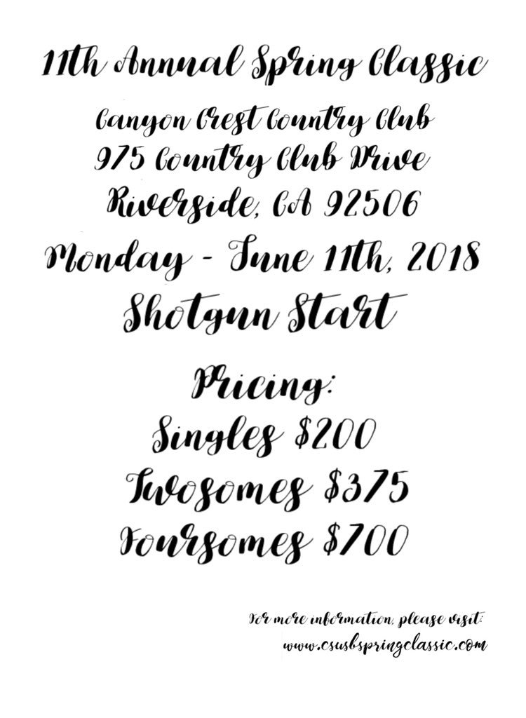 csusb_spen's tweet image. June 11th 📆
CSUSB Sports and Entertainment Marketing presents the 11th Annual Spring Classic ⛳️
at @CanyonCrestCC  
Fees include Cart, tournament polo👕 , gift bag, and dinner banquet 🍴 REGISTER TODAY 
➡️csusbspringclassic.com
#CSUSBSPEN