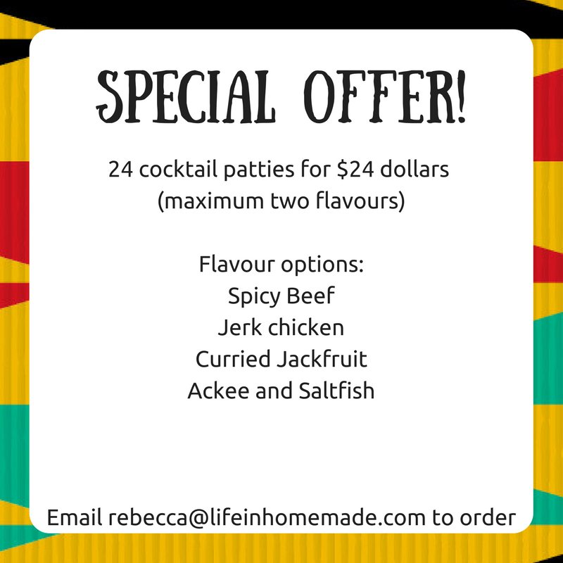 comenyam's tweet photo. SPECIAL OFFER! 
24 cocktail patties for $24 dollars (Max two flavours)

Spicy Beef
Jerk chicken
Curried Jackfruit
Ackee and Saltfish

#Jamaicanpatties #glutenfreebutyoudonthavetobe #Jamaicanfood #Ackeeandsaltfish #jackfruit #TOfoodie https://t.co/Ojs1GXBANK