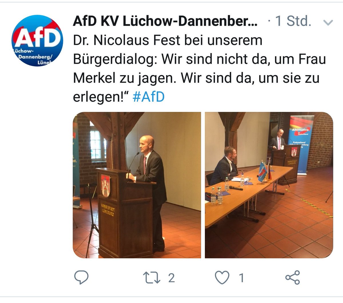 Aus "Merkel jagen" ist jetzt "Merkel erlegen" geworden. Die #AfD radikalisiert sich immer mehr. Es ist nur eine Frage der Zeit bis ein/e ihrer Anhänger*Innen solche Aufforderungen wörtlich nimmt. #noafd #DieAfDistrechtsextrem