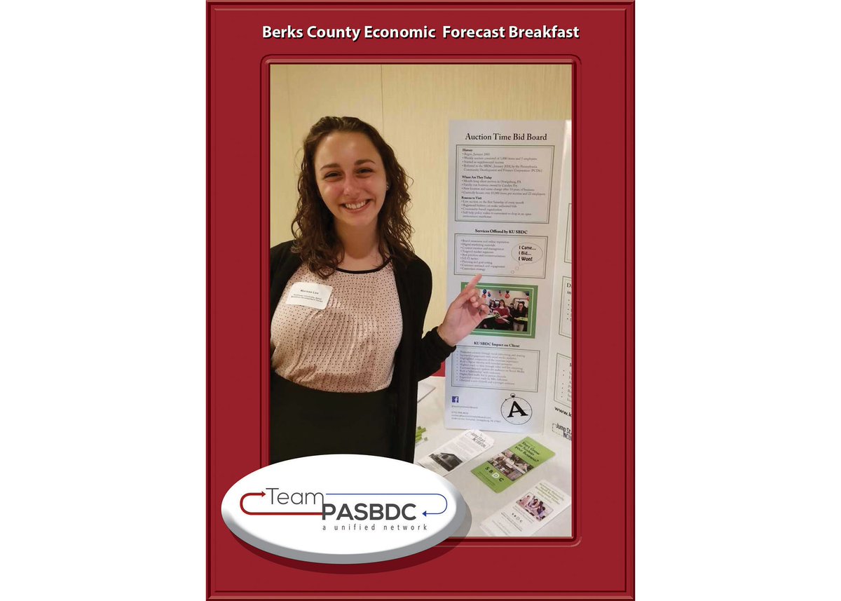 KutztownSBDC's tweet photo. Intern Marissa Leo, takes a moment to talk about the work she has done for her client on the KUSBDC Social Media Internship Team at the Berks County Economic Forecast Breakfast.
#TeamPASBDC #SmallBusinessWeek https://t.co/YblWovTUo0