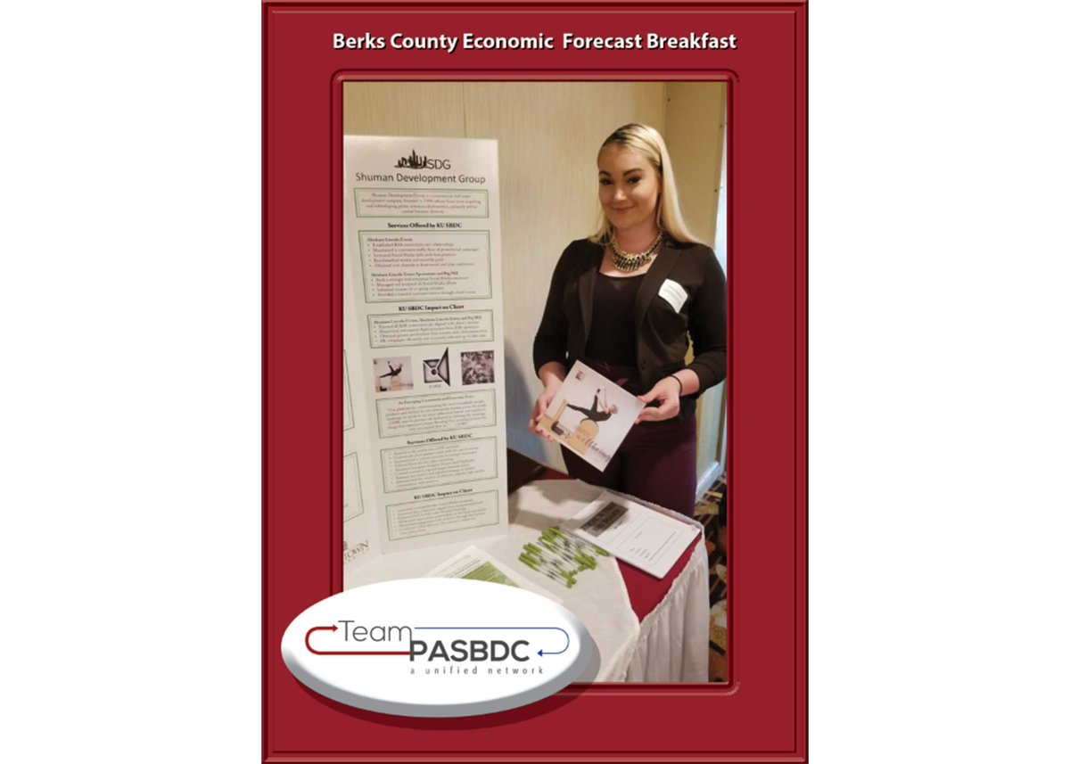 KutztownSBDC's tweet photo. Intern Emily Engleman, takes a moment to talk about the work she has done for her client on the KUSBDC Social Media Internship Team at the Berks County Economic Forecast Breakfast.
#TeamPASBDC #SmallBusinessWeek https://t.co/nOu0JMjTsA