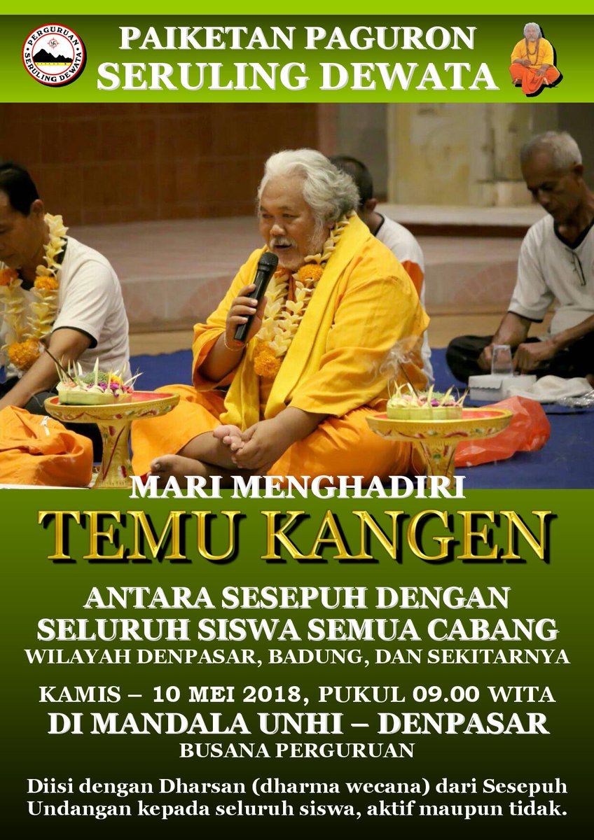 seruling_dewata's tweet photo. OSA. Mari mengikuti Temu Kangen dengan Sesepuh.
Kamis-10 Mei, jam 9 pagi, di Mandala UNHI Tembau, Denpasar.
Acara: Dharsan &amp; latihan ringan.
Mohon info disebar. Suksma https://t.co/yj8VbK2MeC