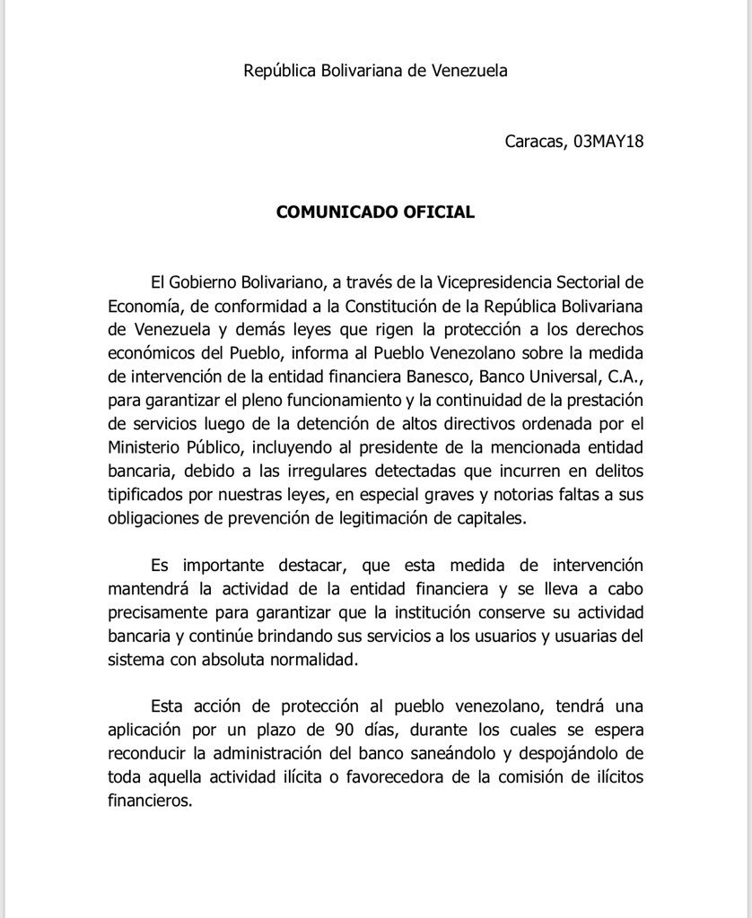 Se extiende la intervención del Banco Universal Banesco 1