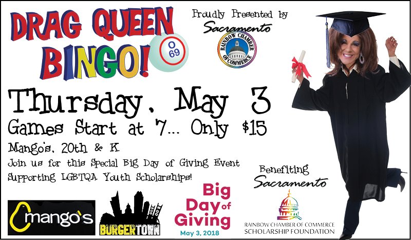 NOT ur Granny's Bingo! Wind up Big Day Of Giving #BDOG2018 with <a href="/SacDQBingo/">SacDragQueenBingo</a> TODAY, May 3, 7-9pm at <a href="/mangossac/">Mango's Sacramento</a>! $15, 8 games, 8 fabulous prizes PLUS 6 AMAZING raffle prizes! ow.ly/okqm30jP1AK