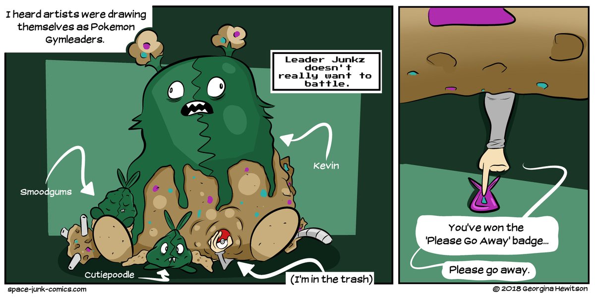 SpaceJunkz's tweet photo. I made a strip AND did the #gymleadersona thing.
I am trash. Please just take your badge and go.
https://t.co/1PmoKsCIyd
#comic #webcomic #comicstrip #funny #trubbish #garbodor #junkz https://t.co/XZvixrDZ6k