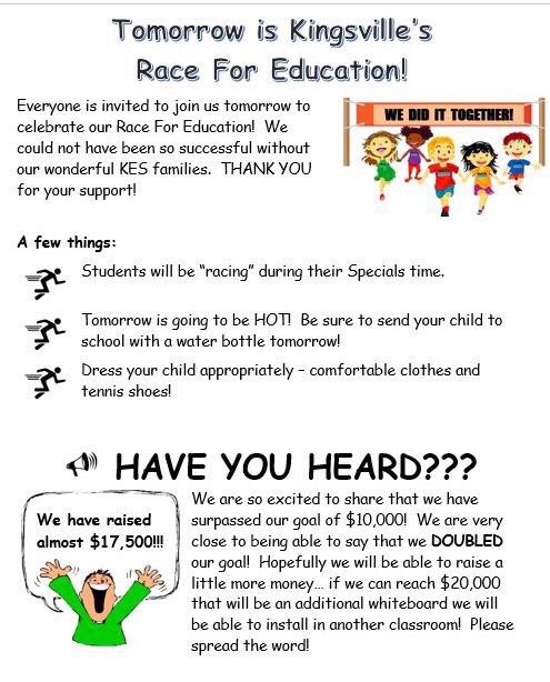 KingsvilleP's tweet photo. Don’t forget tomorrow is Race for Education. KES rocked it out!!! #KESPTA https://t.co/WFn2yTqAK6