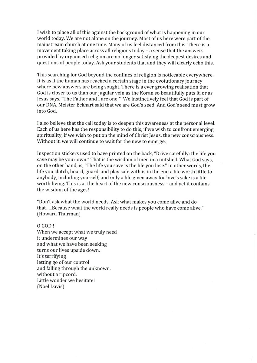 Philip Pinto's sharing of the Listening Group reflections is on the Treacy 2018 Facebook page and also below