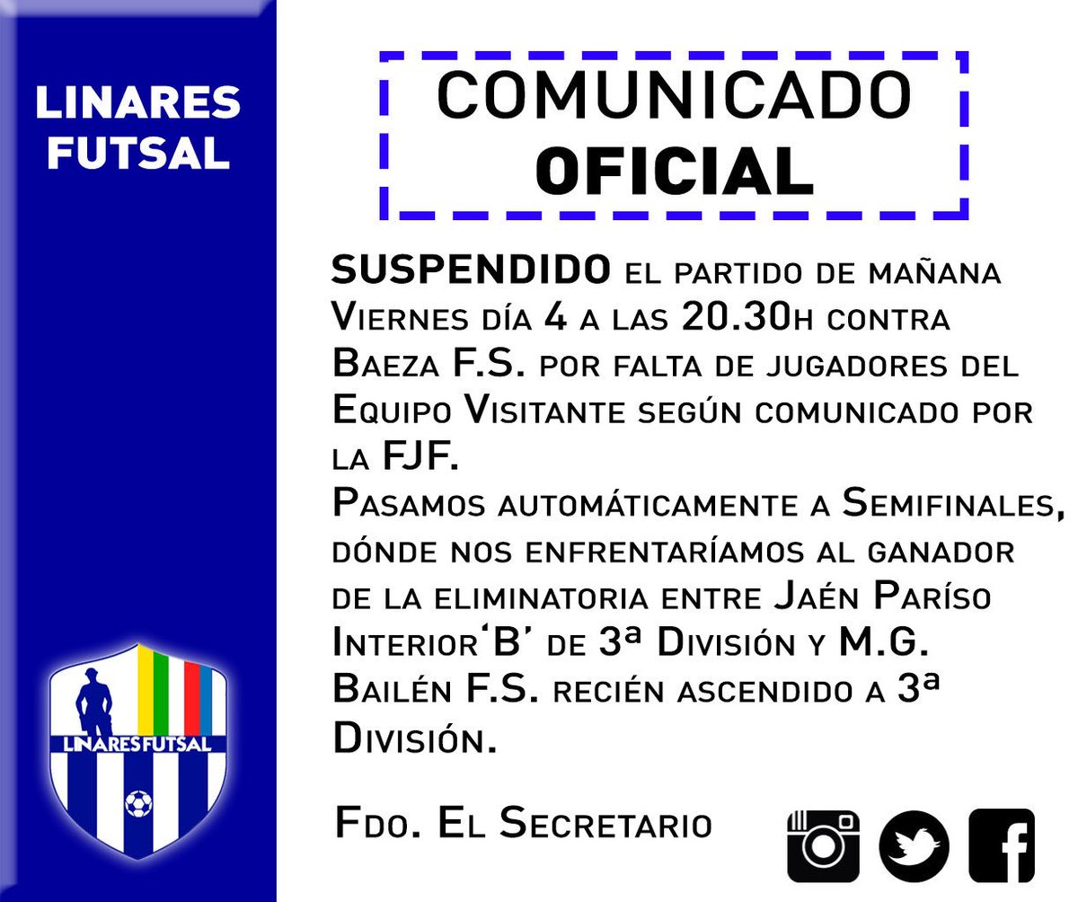 📣 COMUNICADO OFICIAL | Suspendido el partido que nos enfrentaba mañana a <a href="/Baeza_FS/">Baeza I.P.Calavia FS</a> .

⚠️Difusión para que llegue a todo aficionado y evitar confusiones.