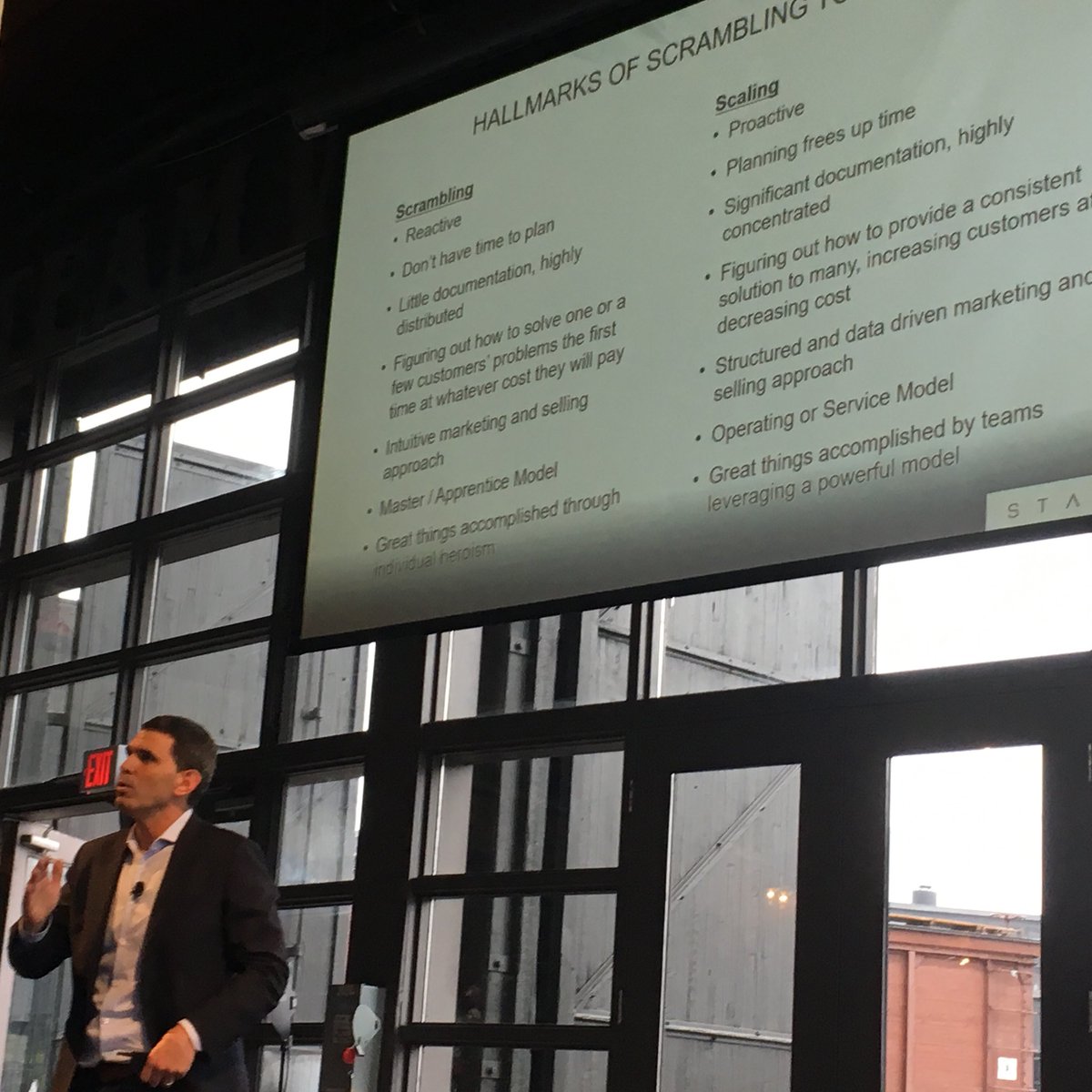 At the EO Toronto 100K Rand Stagen presentation on scaling your business.  Leaders get the organization they deserve.  You can’t scale unless you get out of the way and don’t outsource your ‘own’ work.