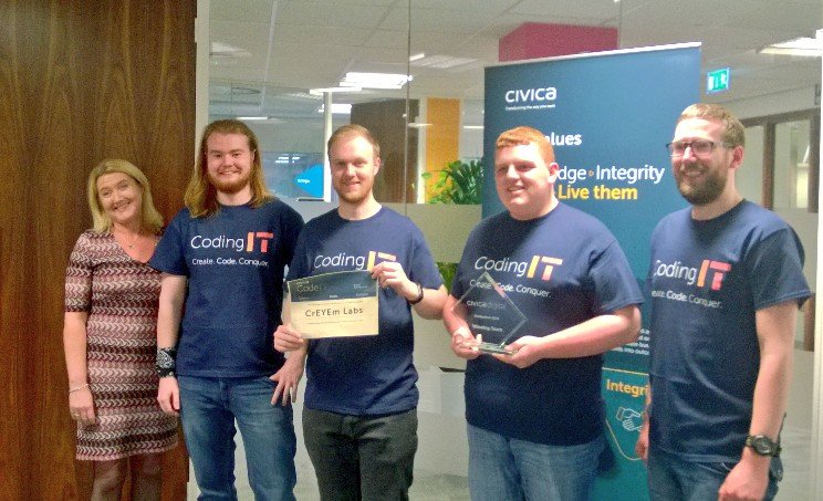 MrRPress's tweet photo. Congratulations to team CrEYEm Labs for winning #CivicaCodeIT18 with their 360 degree annotatable digital case file. https://t.co/xL2Zltvg9S