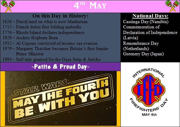 MakingDayCount's tweet photo. #OnthisDay #OnthisDayinHistory #ThisDayinHistory #InternationalFirefightersDay #MaytheFourthBeWithYou #MaytheFourthBeWithYouDay #MaytheForcebewithyouDay #StarWarsDay #PetiteandProudDay https://t.co/04HGMQMIPF
