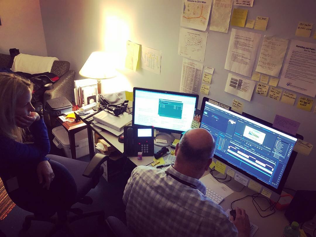 Gretchen_NCH's tweet image. Andy just loves it when I edit over his shoulder! #videoteam #editorproblems