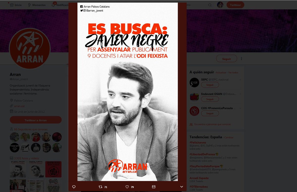 javiernegre10's tweet photo. Feliz día de la libertad de prensa. A pesar del señalamiento público hacia mi persona y mi familia, revelando datos íntimos de personas que nada tienen que ver con mi oficio periodístico, seguiré informando. Seguiré destapando las vergüenzas del independentismo. No me callarán https://t.co/gz5xRVxZkZ