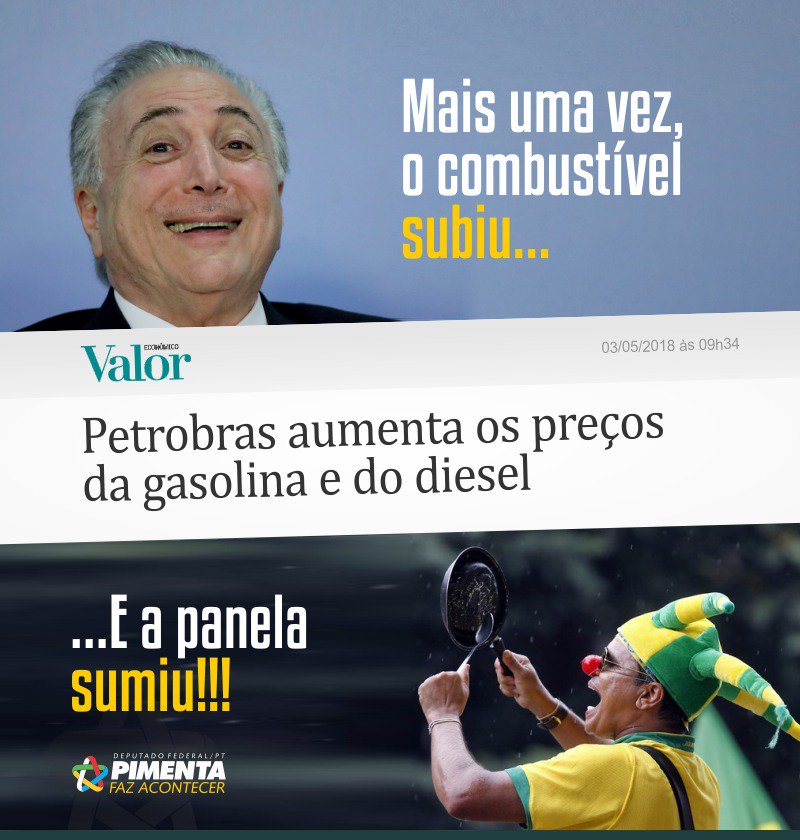 Pimenta13Br's tweet photo. GOLPISTAS AUMENTAM PREÇO DO DIESEL E DA GASOLINA MAIS UMA VEZ

A Petrobras promoveu nesta quinta-feira (3) uma alta de 2,51% no preço do diesel e de 1,12% no preço de gasolina.

Leia mais: https://t.co/xYweavfvXv https://t.co/y0yULkP2LM