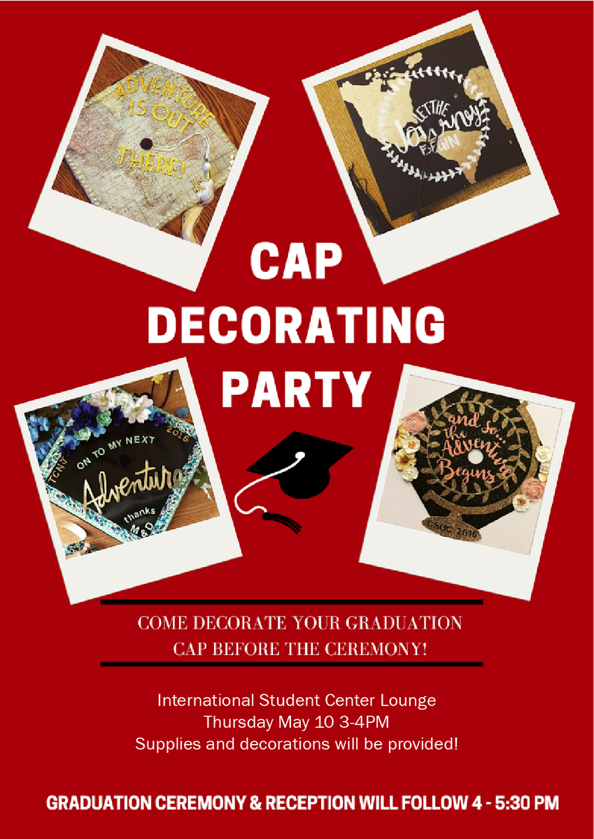 SDSU_INTL's tweet photo. Mark your calendars!🗓 It’s time for the annual ISC International Student Graduation ceremonies next week. 🎓May 9 = Exchange Students. May 10  = Degree Seeking Students. Don't forget to bring you caps for the cap decorating party at 3pm in the ISC Lounge. See you there! https://t.co/UR1JRdCwMn