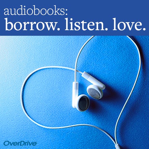 headphones in a heart shape. blue background. text: borrow, listen, love