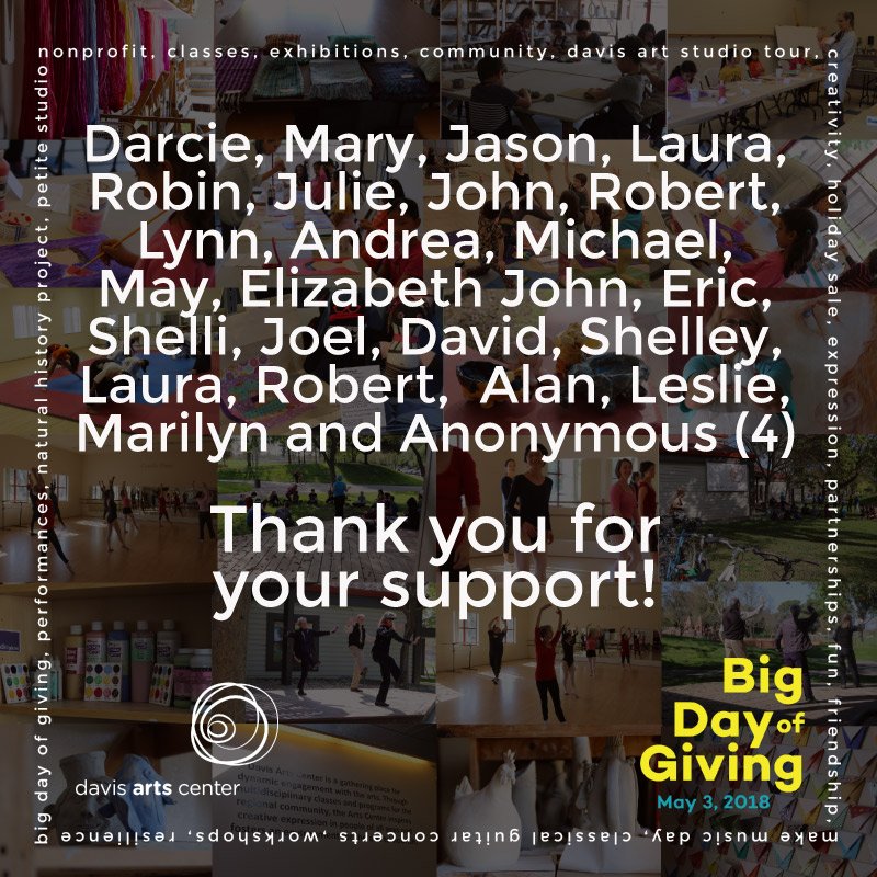 davisartcenter's tweet image. Mid-day thank you to all the donors! 

#ArtTransforms #BDOG2018 @bigdayofgiving

bigdayofgiving.org/davisartscenter