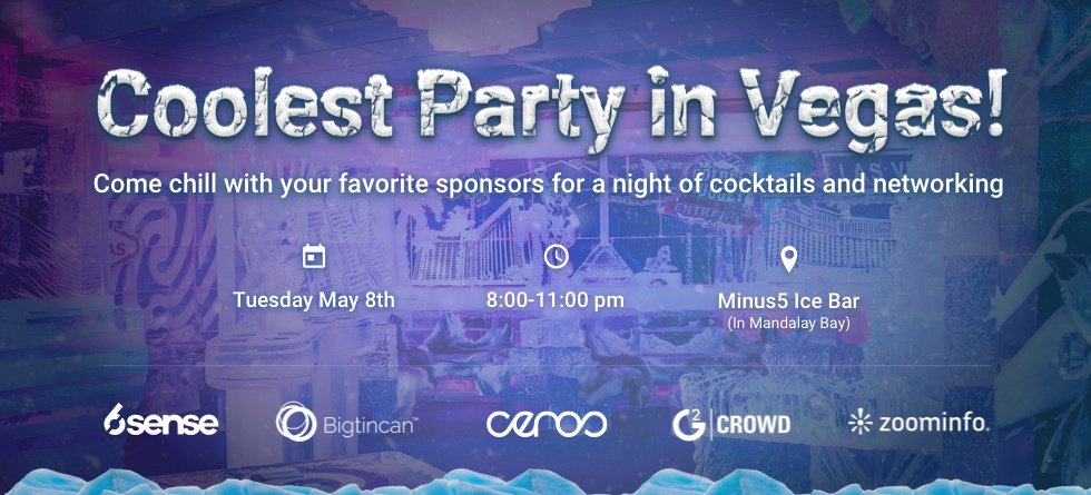 G2dotcom's tweet photo. We're throwing the coolest party in Vegas with @6SenseInc, @bigtincan, @Cerosdotcom and @ZoomInfo next Tuesday (May 8th) at 8PM at @Minus5IceBar! 

Register here to grab a cold one and get #networking: https://t.co/Hfe8V6her1 #SDSummit https://t.co/9fHL1hZ4N5